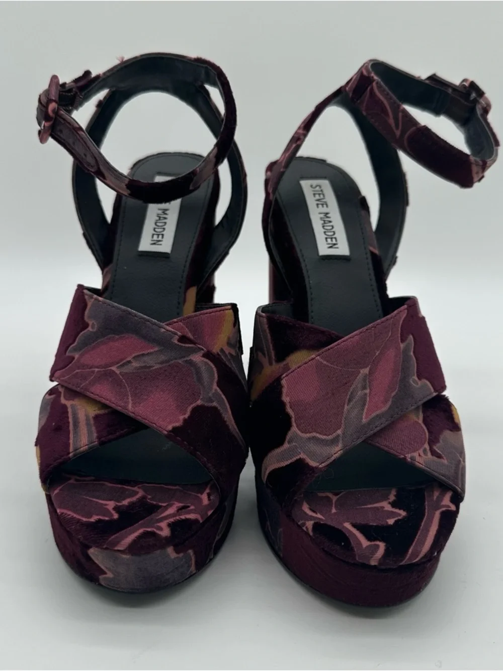 Steve Madden Jodi Burgundy Floral Velvet Burnout Platform Sandals